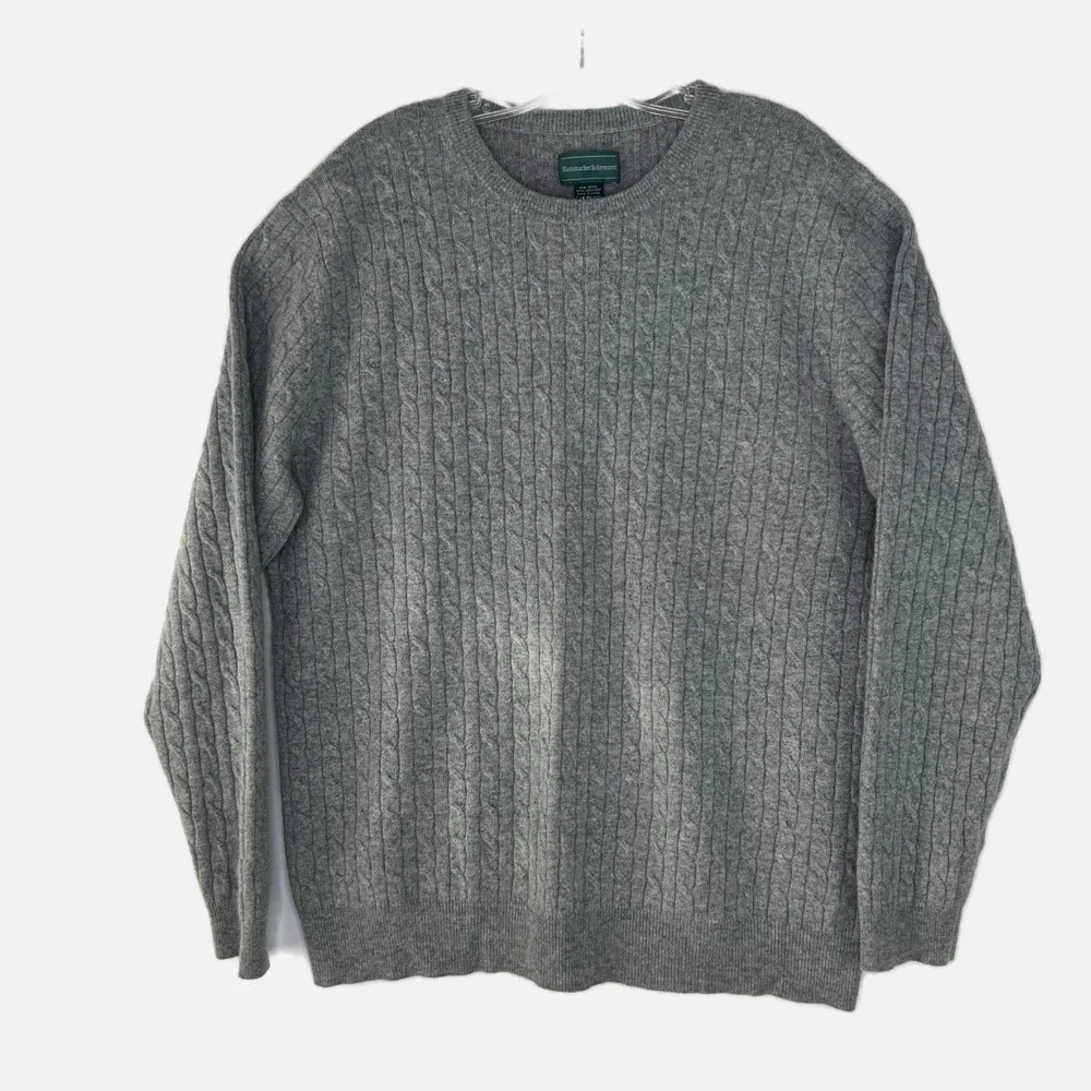 HAMMACHER SCHLEMMER Classic Old Money Preppy Gray Cable 100% Cashmere Sweater XL